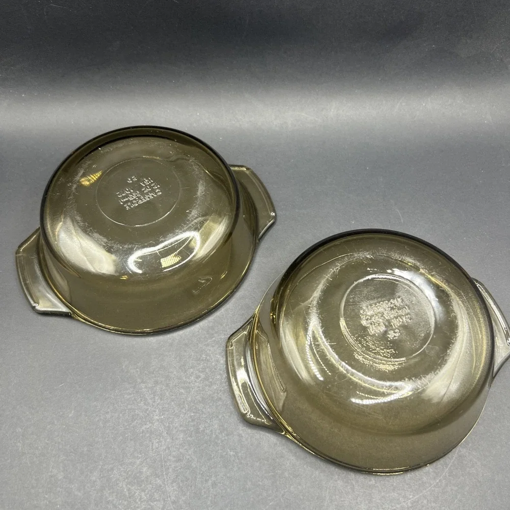 Pair of Vintage Smoked Glass Casserole Dishes 12oz Serving Bowls USA 1072